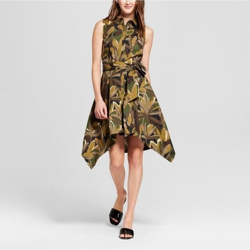 WHO WHAT WEAR Tropical Leaf Belted Summer Lightweight Safari Dress L